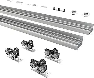 8FT/96(Double 4FT) Bypass Door Hardware, Aluminum Double-Closing Sliding Closet Door Hardware with Finger Pull Included, Smoothly and Quietly, Fit Door Thickness 1 3/8" or 1 3/4", Silver