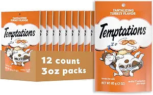 Temptations Cat Treats, Classic Crunchy and Soft Cat Treats, Tantalizing Turkey Flavor, 3 oz. Pouch (Pack of 12)