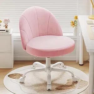 Velvet Vanity Chair with Wheels, Height Adjustable Swivel Makeup Chair, Armless Small Desk Chair for Bedroom/Office/Vanity Table, 250 lbs Capacity (Velvet, Pink)