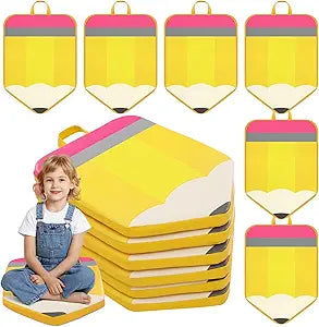Breling 6 Pcs Pencil Floor Cushions 12 x 16 Flexible Cushion with Handle Cute Pencil Shaped Floor Seating Carpet Pillow Daycare Safety Mat Decoration for Kindergarten Elementary Learning Playing Area