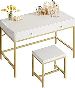 SUPERJARE 35.4" White and Gold Desk with 2 Drawers, Modern Makeup Vanity with Padded Stool, Small Computer Desk Home Office Desk for Writing Study Bedroom