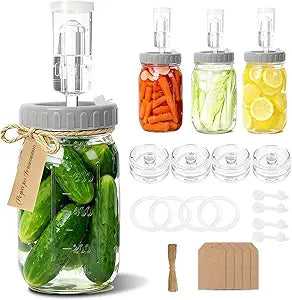 4-Pack Mason Jar Fermentation Kit(Jars Included) Four 32oz Fermentation Jars with Plastic Fermenting Lids, Airlocks, Silicone Rings & Grommets, and Glass Weights for Easy Fermenting & Storage