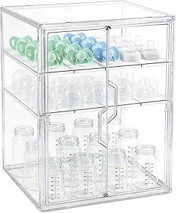 ERTIUANIO Baby Bottle Organizer  3 Tier Acrylic Bottle Storage Organizer Container, Clear Plastic Bottle Station Organizers Drawers with Double Magnetic Doors for Countertop Kitchen Vanity, Bathroom