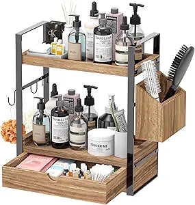 2-Tired Bathroom Counter Organizers and Storage, Bathroom Countertop Organizer with Drawer, Solid Wood Skincare Perfume Organizer for Vanity Kitchen Corner Shelf Office Countertop (Drak Brown)