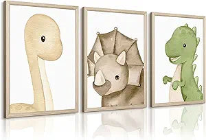 Dinosaur Wall Art Kids Boys Room Canvas Wall Decor Dino Nursery Wall Art Pictures Baby Dinosaur Poster Prints for Boys Bedroom Bathroom 12x16 Inch Wood Framed Set of 3