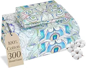 MCO 100% Cotton Sheet Set Floral Printed, 300 Thread Count Cotton Queen Sheet Set, 16" Deep Pocket, Breathable Cooling Sheets 4 Pieces (Queen, Paisley)