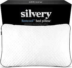 Silvery Silver Infused Restcool Bed Pillow - Adjustable Memory Foam Fill with Self-Cooling Fabric - Self-Cleaning Technology that Stays Fresh 3X Longer (White, Queen)