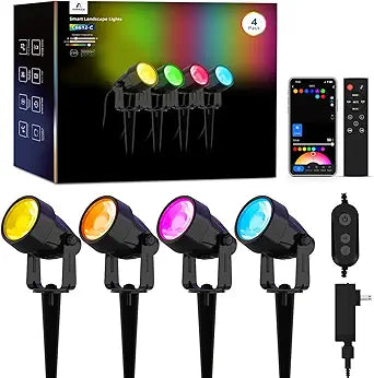 APPECK Landscape Lighting, RGBW Low Voltage Landscape Lights with APP Control, IP65 Waterproof Outdoor Spot Lights, Color Changing Spotlights for Yard, Garden,Trees, Patio & Holiday Decor, 4 Pack