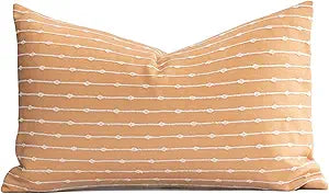 Crumbs Home Modern Farmhouse Fall Linen Indoor Outdoor Lumbar Pillow Cover Only, 12"x20" Water Repellent for Patio, Backyard, Couch, Mustard Yellow Neutral Embroidered Stripes