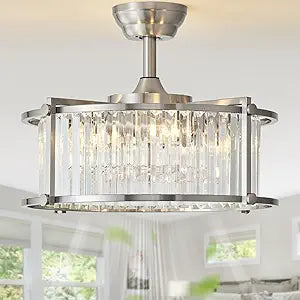 20" Silver Crystal Fandelier Ceiling Fans with Lights, Silver Crystal Industrial Chandelier Ceiling Fan with Light and Remote, Caged with 6 Speeds for Bedroom, Nursery, Living Room