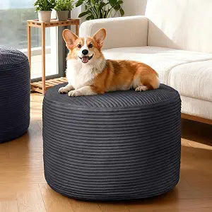 Round Corduroy Ottoman Foot Rest Pouf for Living Room Couch - Soft Plush Shredded Foam Filled Hassock Stool, Comfy Footstool