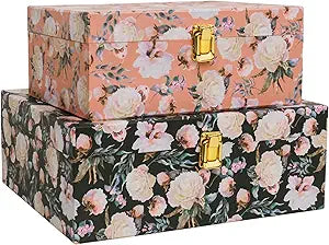 2-Piece Vintage Floral Keepsake Boxes with Lids, Romantic Botanical Garden Design, Decorative Cardboard Memory Storage with Gold-Tone Accent, Elegant Home Dcor Storage