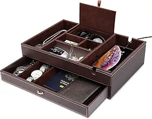 Baoyun Valet Tray for Men, 2 Layers Nightstand Organizers for Men and Women, Leather Jewelry Storage Box, Mens Dresser Top Organizer, Catch All for Jewelry Key Wallet and Phone (Brown)