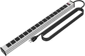 Oviitech 16 Outlets Heavy Duty Metal Socket Power Strip,15-Foot Long Extension Cord with Circuit Breaker. Mounting Brackets Included, Workshop/Industrial use, ETL Certified, Black