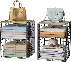 4-Tier Stackable Closet Organizers and Storage, Adjustable Dividers & Wood Top Storage Shelves for Clothes, Wardrobe & Closet Storage Basket Bins/Cube, Space-Saving Closet Organizer System, Black