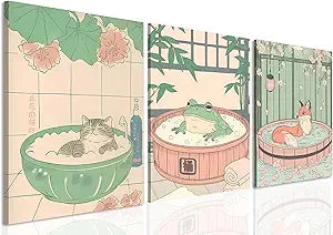 Framed Japanese Bathroom Wall Art Set of 3, Cute Tabby Cat Fox and Frog in Bathtub Pictures Wall Decor Paintings, Vintage Funny Animal Canvas Prints Home Decor for Restroom Toilet Spa Room 12x16 inch