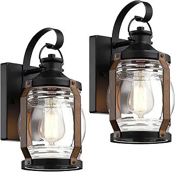 Outdoor Wall Lantern Lights, Black Exterior Wall Sconce Garage Light Fixtures, Farmhouse Outdoor House Lights Wall Mount, Decorative Front Porch Light Waterproof with Barnwood Accents & Glass, 2 Pack