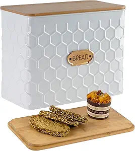 Extra Large Bread Box for Kitchen Countertop Corner Breadbox for Homemade Bread Metal White Honeycomb Pattern Embossed Bread Storage Container Bin with Bamboo Lid Fits 2 Loaves of Bread