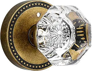 Glass Door Knobs Interior Antique Brass Bronze Privacy Vintage Crystal Door Knob with Lock for Bedroom and Bathroom, 1 Pack