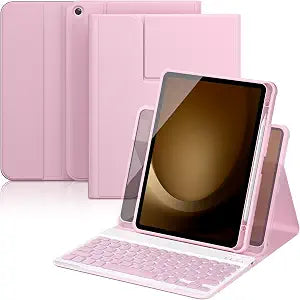 YBING Wireless Keyboard Case for Galaxy Tab A9 Plus / A11 Plus 11-Inch, 360 Rotation Cover with 7-Color Backlit Detachable Keypad with Pencil Holder (Pink)