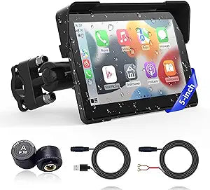 Wireless Motorcycle Apple Carplay,5 Inch Portable Motor GPS Navigation with Apple Carplay & Android Auto,Siri & Google Assistant, Anti-Glare/Bluetooth 5.2/ Voice Control/ IP69K Waterproof Touchscreen