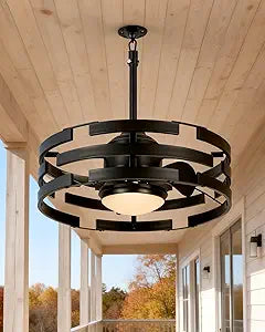 Roomratv 20" Outdoor Ceiling Fan with Light, Black Caged Ceiling Fan with Remote,Modern Enclosed Hanging Fan,IP65 Waterproof Plug in Fan for Gazebos, Patios and Porches