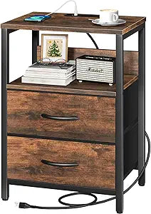Yoobure Nightstand with Charging Station, Small Night Stand with Fabric Drawers and Storage Shelf for Bedrooms, Small Spaces, Bedside Table with USB Ports & Outlets