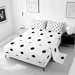 Castle Fairy Polka Dots Kids Sheet Full Size,Abstract Geometric Circles Bedding Set, Soft Kids Room Decor,White Black Sheet(Fitted+Flat+2 Pillowcases)