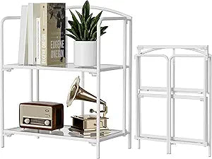 Crofy No Assembly Folding Bookshelf for Living Room, 2 Tier White Collapsible Book Shelf for Home Office, Portable Bookcase Storage Organizer