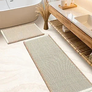 IM HOME Waffle Bath Mat Set 2 Piece Brown & Cream,Woven Modern Bath Rug Mats, Absorbent Non Slip Bath Floor Mat, Soft Washable Boho Bath Rugs with Tassels for Bathroom, Bedroom, Kitchen,Tub