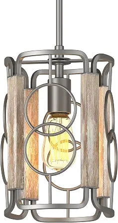 Inlight 8-Inch 1-Light Farmhouse Open Cage Island Pendant, Silver Gray/Wood