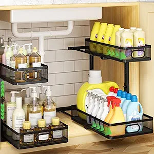 Under Sink Organizer 2-Pack, Metal 2-Tier Pull-Out Cabinet Shelf with Slide-Out Mesh Drawers, Height Adjustable, Space-Saving Under Sink Storage Racks for Kitchen, Bathroom, Laundry Room