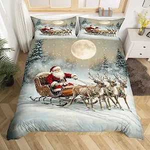 Santa Claus Duvet Cover Set Queen Size,Christmas Moon Sky Jungle Snowy Pine Trees Bedding Set,Wild Reindeer Sled Romantic Xmas Gifts Comforter Cover(No Filler) for Young,3 Pcs