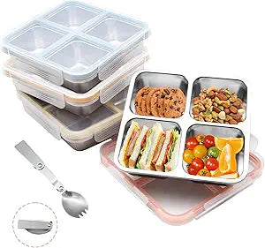 4 Pack Stainless Steel Bento Lunch Box, 4 Compartment Snack Containers, Divided Meal Prep Lunch Containers, Food Storage Containers For Work and Travel