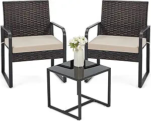 Bezseller 3-Piece Patio Furniture Set for 2, Small Balcony Outdoor Bistro Set with Cushioned Chairs & Coffee Table, Easy Assembly, Weather-Resistant for Apartment, Porch, Backyard