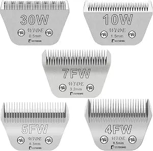 Size 30W+10W+7FW+5FW+4FW Wide Detachable Pet Dog Grooming Blades Kit,Compatible with Andis,Oster A5,Wahl km10 Clippers,5 Pack