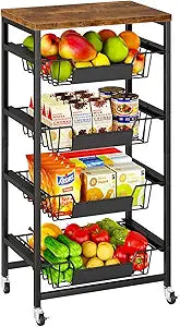 IBUYKE Kitchen Fruit Vegetable Storage Cart with Drawers,Metal Rolling Utility Cart with Fruit Basket and Wooden Top,Rolling Snack Kitchen Cart for Bedroom,Pantry,Office,Rustic Brown UTLJ026H