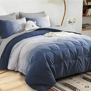 Dinjoy Ombre Comforter Set Queen Size, 7-Piece Bed in a Bag for All Season, Pintuck Colorful Rainbow Bedding Sets with Comforter, Flat Sheet, Fitted Sheet and Pillowcases & Shams, Blue