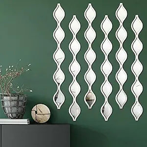 Yulejo 6 Pcs Acrylic Teardrop Mirror Decor Narrow Wall Decor Boho Vintage Wall Art for Apartment Home Living Room Bathroom Bedroom Hallway (Silver Edge)
