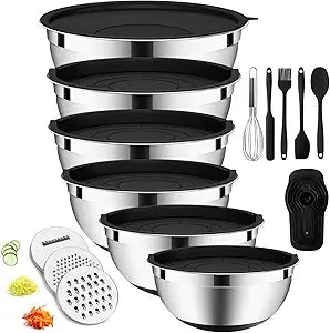 20-Piece Mixing Bowls Set with Airtight Lids  6 Stainless Steel Kitchen Bowls (4.5QT, 4QT, 3.5QT, 2.1QT, 1.5QT, 1.1QT), 3 Grater Attachments, Non-Slip Silicone Bottoms, Perfect for Baking & Serving