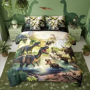 Erosebridal Kids Dino 7 Pieces Bedding Set Green Dinosaur Twin Comforter Set for Boys Girls Kids | Jungle Hunting Bed in A Bag with Flat and Fitted Sheet Trees Botanical Bed Set