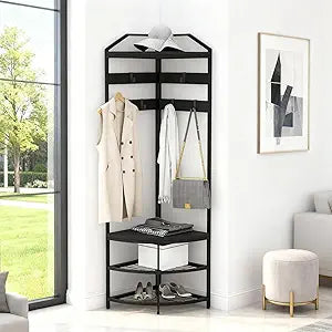 OUTLANE Modern Space-Saving Metal Corner Hall Tree Organizer  Freestanding Entryway Shelf with Movable Hooks & Mesh Storage  Narrow Coat and Shoe Rack for Bedroom, Living Room, Office