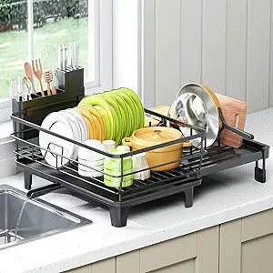 TOOLF Extendable Dish Drying Rack, Multifunction Dish Rack for Kitchen Counter, Large Expandable Dish Drainer,Dryer Rack with Drainboard & Utensil Holder, Black