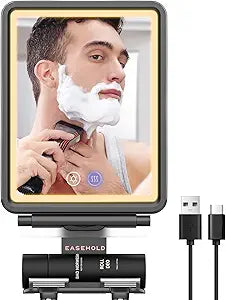 EASEHOLD Shower Mirror Fogless for Shaving, Heated LED Mirror with 3 Color Lights, Adjustable Anti Fog Razor Holder and Storage Tray, 5000mAh Rechargeable Light Up Mirror Bathroom for Men