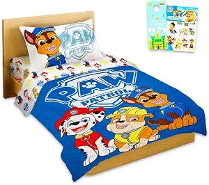 Paw Patrol Twin Bedding Set Best Boys - Bundle of Paw Patrol Bedspread, Flat Sheet, Fitted Sheet, Pillowcase, Stickers, More | Room Decor