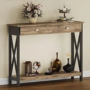 ChooChoo 47" Farmhouse Console Table with Drawer for Entryway, Narrow Long Entry Table with Shelf for Living Room, Rustic Vintage Hallway Sofa Table with Stable X Supports, Rustic Oak & Black