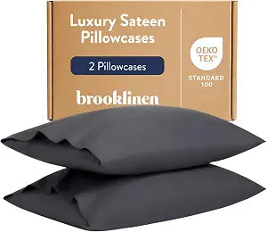 Brooklinen Luxury Sateen Pillowcases - Set of 2, 100% Long Staple Cotton with Envelope Closure, Smooth Fabric, Soft & Durable, Machine Washable - Standard Size (Slate Grey)