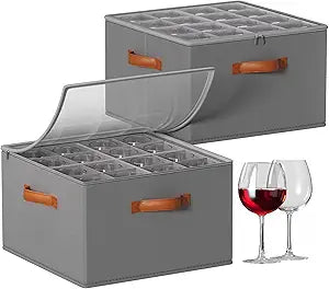 Foyego Wine Glass Storage Box with Dividers, 2 Pack Glassware Storage Containers, Stemware Storage Cases Holds 32 Wine Glasses, Stackable Crystal Storage Containers with Clear Cover for MovingGray