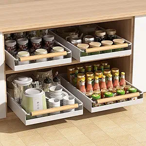 2 Pack Pull out Cabinet Organizer, 16" Deep Pull Out Drawer for Kitchen Cabinets Adhesive with Nano Film, Slide out Cabinet Organizer Shelf for Pantry Bathroom Organization White
