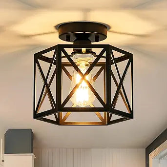 Black Modern Farmhouse Metal Semi Flush Mount Ceiling Light Fixture 9.5 in